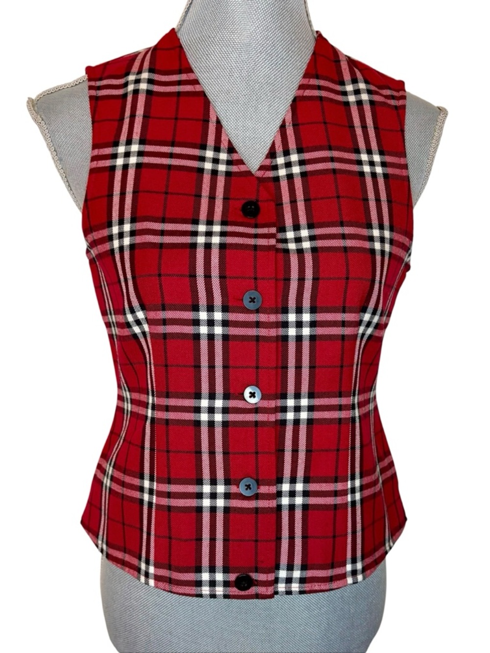 Vintage Petite Sophisticate Red Plaid Button Front Vest